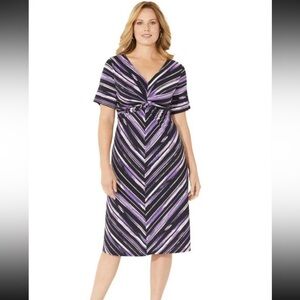 Catherines Dress Women's Size 22/24W Purple Black Striped Twist Knot Midi Dolman